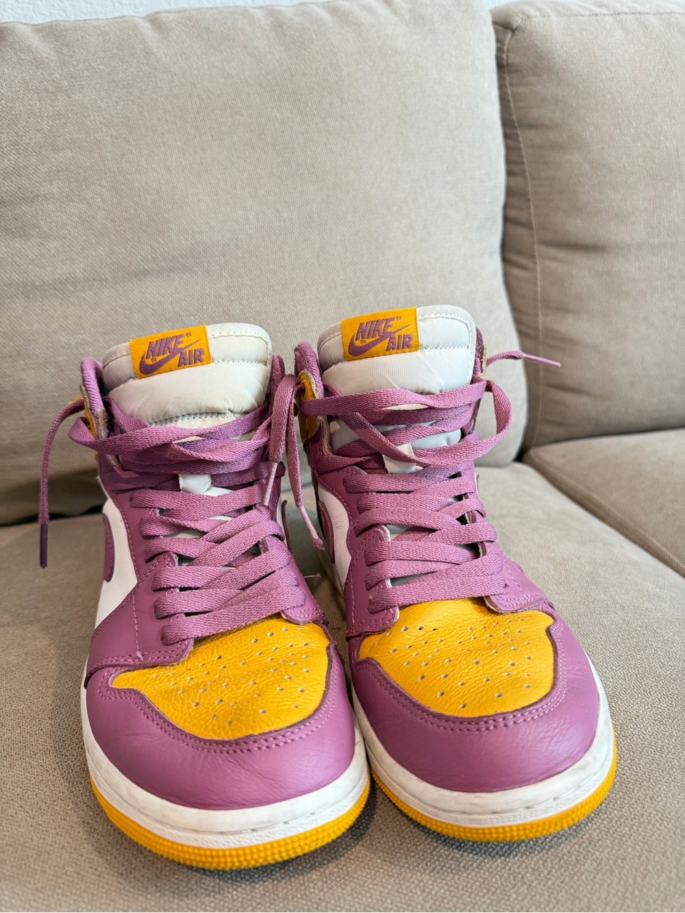 Jordan Women’s High-Top Sneakers — Purple, Yellow & White - Picture 2 of 6